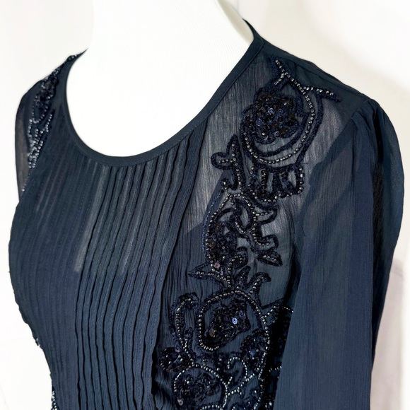 Anthropologie Embellished Beaded Sequin Floral Embroidered Navy Peplum Blouse - Picture 3 of 14